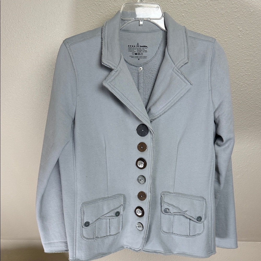 NEON BUDDA GRAY SWEATSHIRT JACKET WITH ASSORTED BUTTONS. SIZE MEDIUM